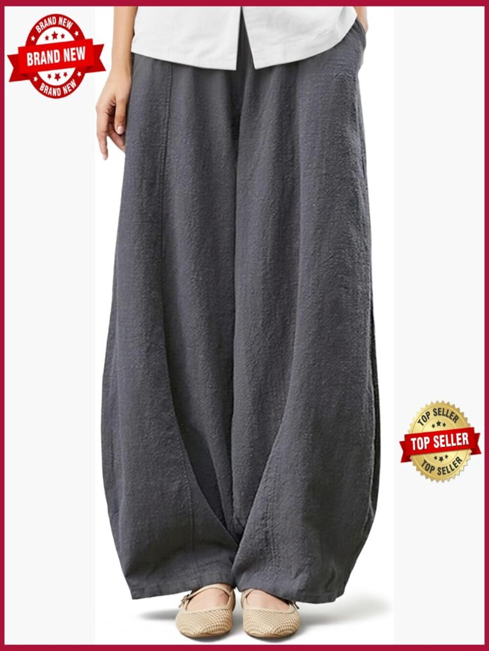 Womens Linen Barrel Trousers Elastic Waist Wide Leg 4 Inseam